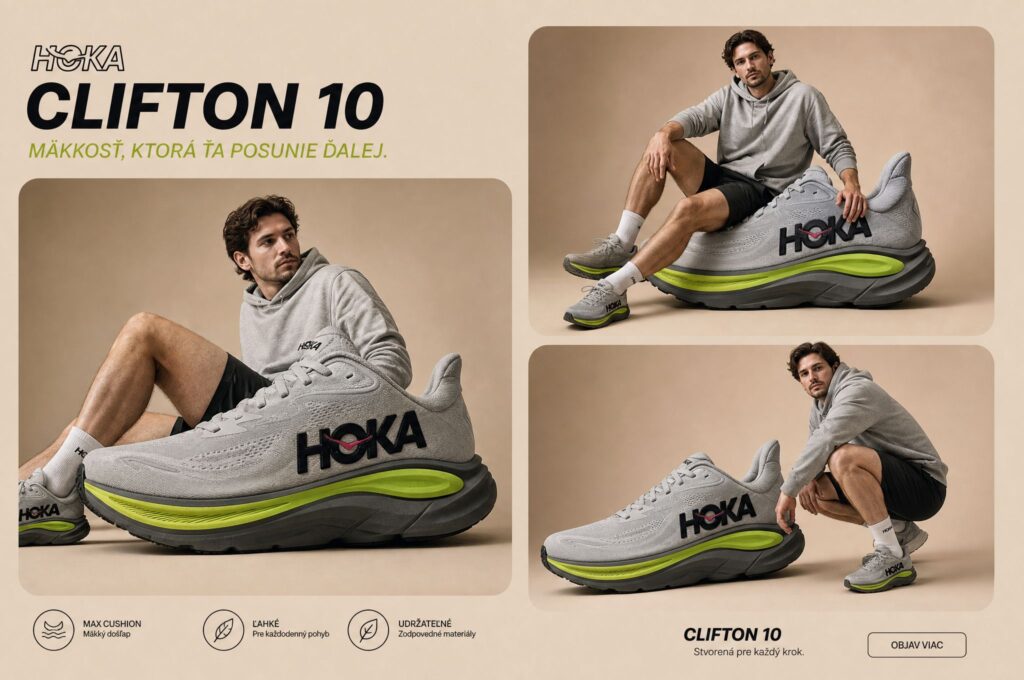 Banner pubblicitario AI per scarpe Hoka.
