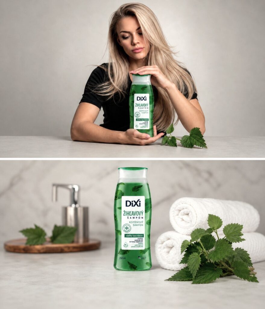 Fotografia di prodotto AI dello shampoo DiXi per il sito e i social media.