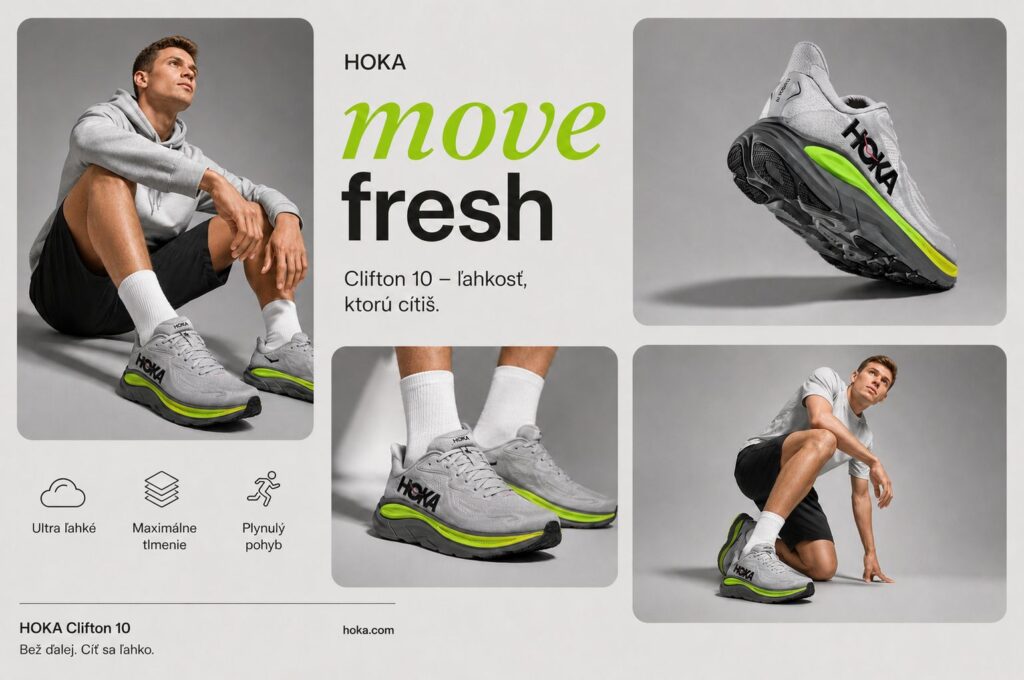 Visual promozionale per scarpe Hoka, adattato alla comunicazione online.